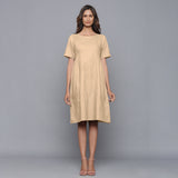 Front View of a Model wearing Beige Paneled Cotton Flannel Dress