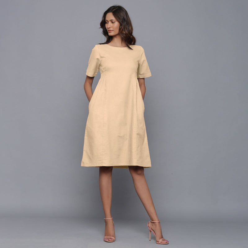 Front View of a Model wearing Beige Paneled Cotton Flannel Dress