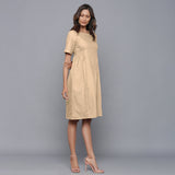 Right View of a Model wearing Beige Paneled Cotton Flannel Dress