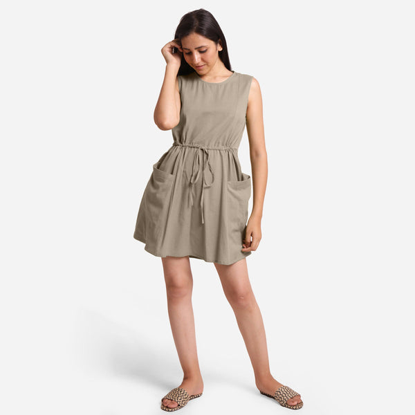 Front View of a Model wearing Beige Patch Pocket Round Neck Dress