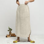 Front View of a Model wearing Beige Printed Breezy Blue A-Line Skirt