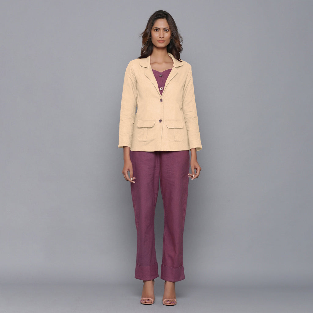 Front View of a Model wearing Beige Slim Fit Flannel Blazer