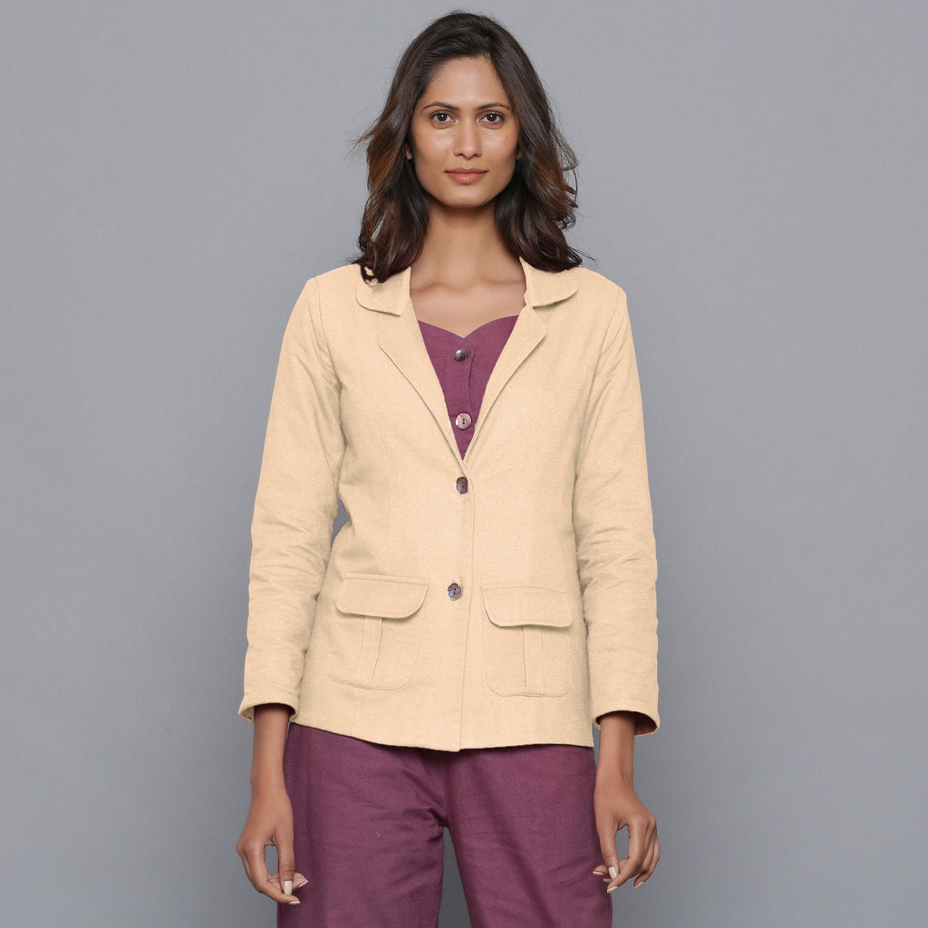 Front View of a Model wearing Beige Slim Fit Flannel Blazer