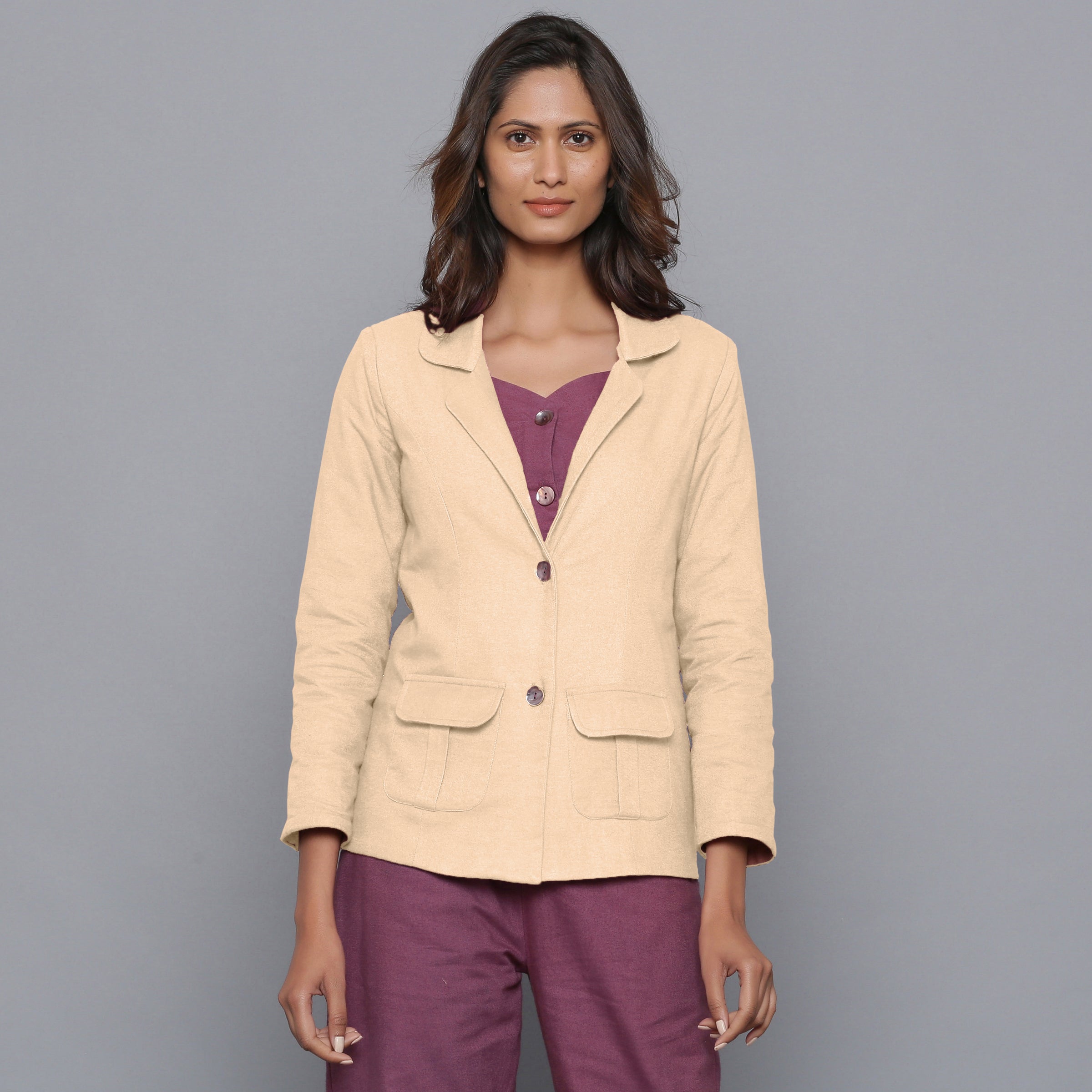 Front View of a Model wearing Beige Slim Fit Flannel Blazer
