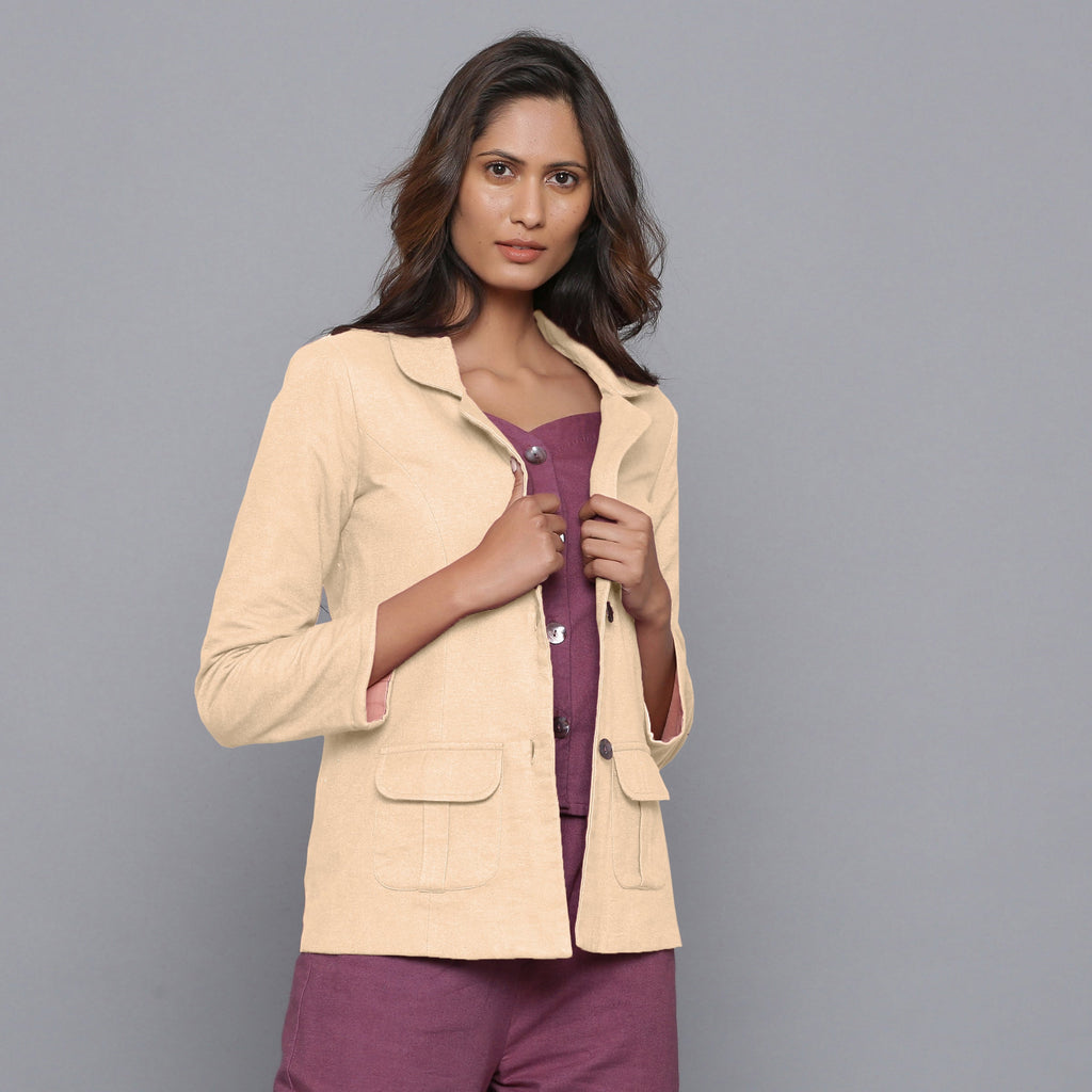 Right View of a Model wearing Beige Slim Fit Flannel Blazer