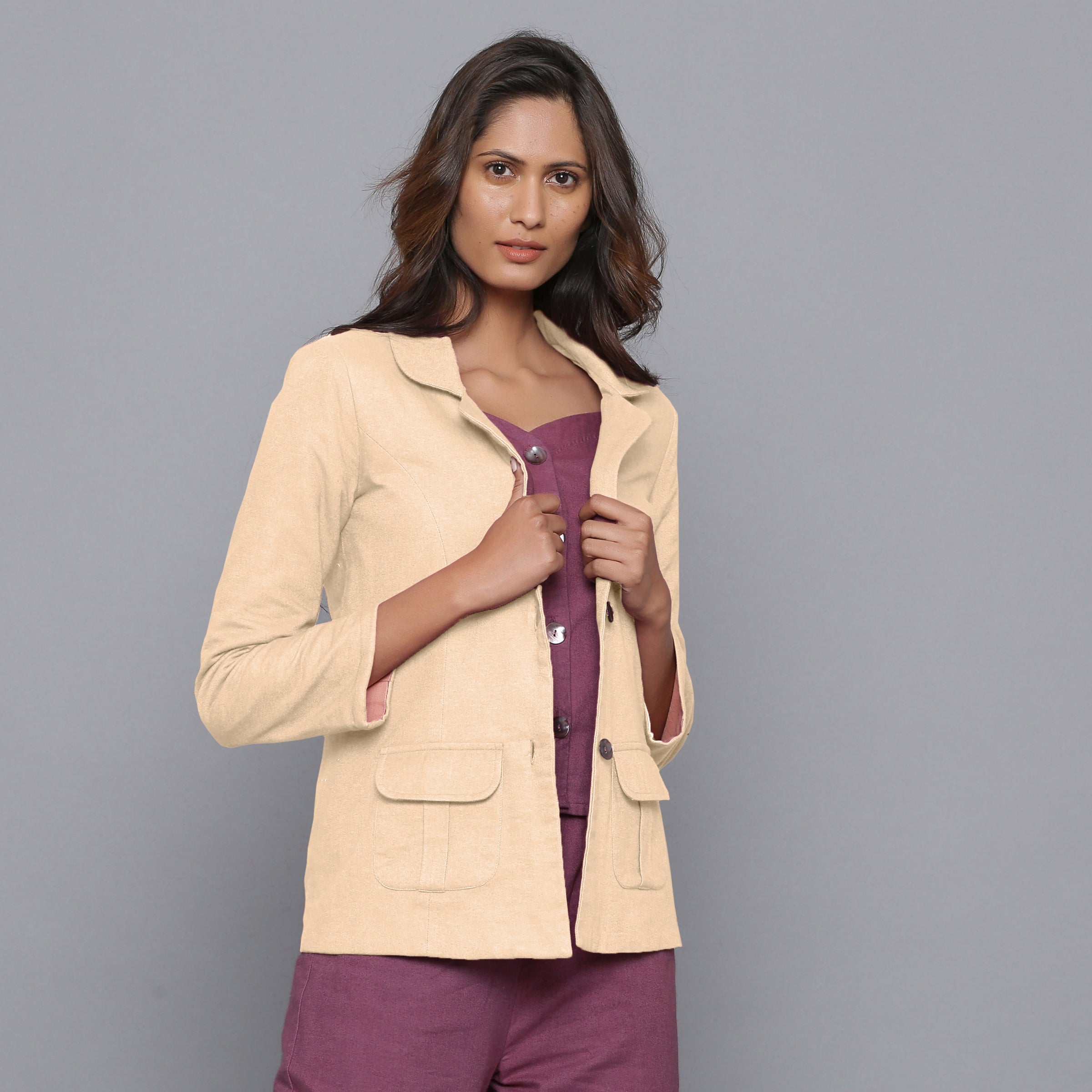Right View of a Model wearing Beige Slim Fit Flannel Blazer