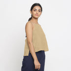 Right View of a Model wearing Beige Strappy Everyday Cotton Spaghetti Top