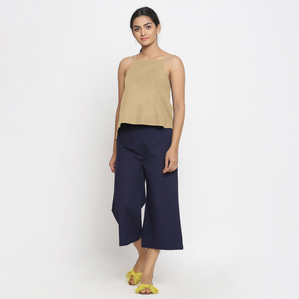 Front View of a Model wearing Beige Strappy Everyday Cotton Spaghetti Top