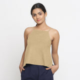 Front View of a Model wearing Beige Strappy Everyday Cotton Spaghetti Top