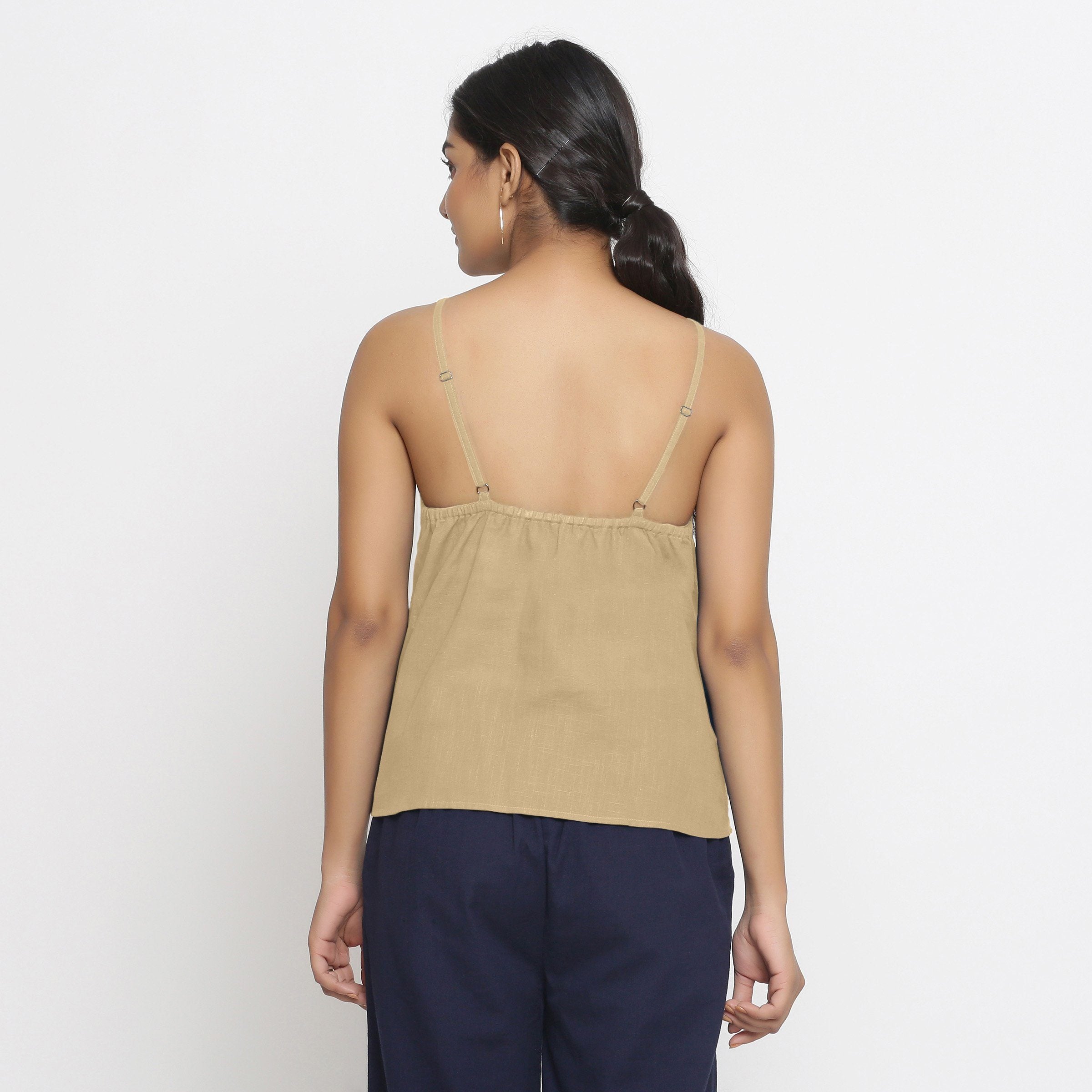 Back View of a Model wearing Beige Strappy Everyday Cotton Spaghetti Top
