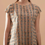 Front Detail of a Model wearing Beige Kalamkari A-Line Striped Top