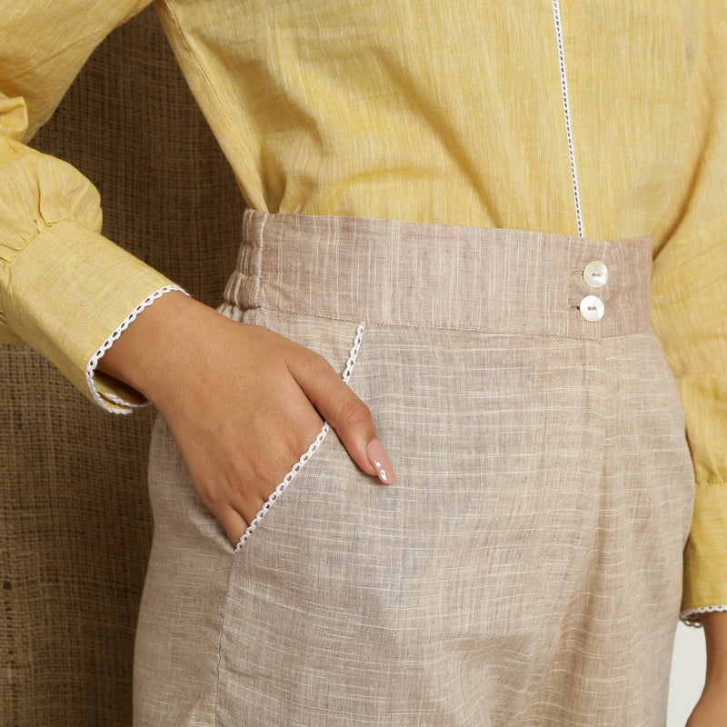 Front Detail of a Model wearing Beige Handspun Cotton Wide Legged Culotte