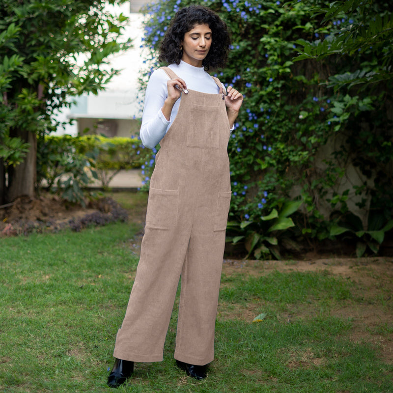 Beige Warm Cotton Corduroy Ankle Length Dungaree