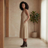 Beige Warm Cotton Corduroy Button-Down Midi Dress