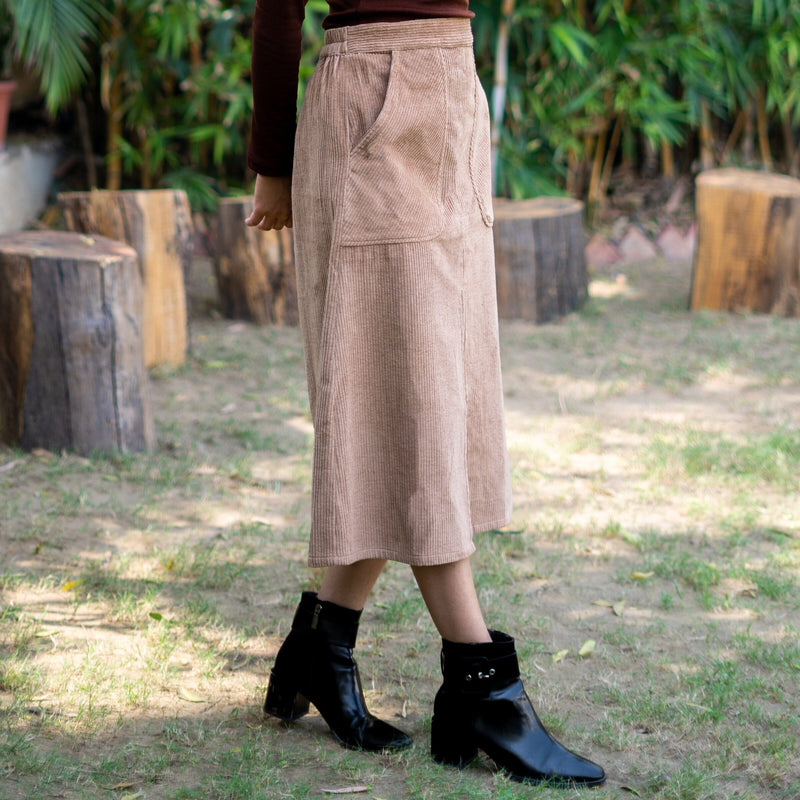 Beige Warm Cotton Corduroy High-Rise A-Line Midi Slit Skirt