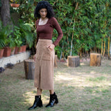 Beige Warm Cotton Corduroy High-Rise A-Line Midi Slit Skirt
