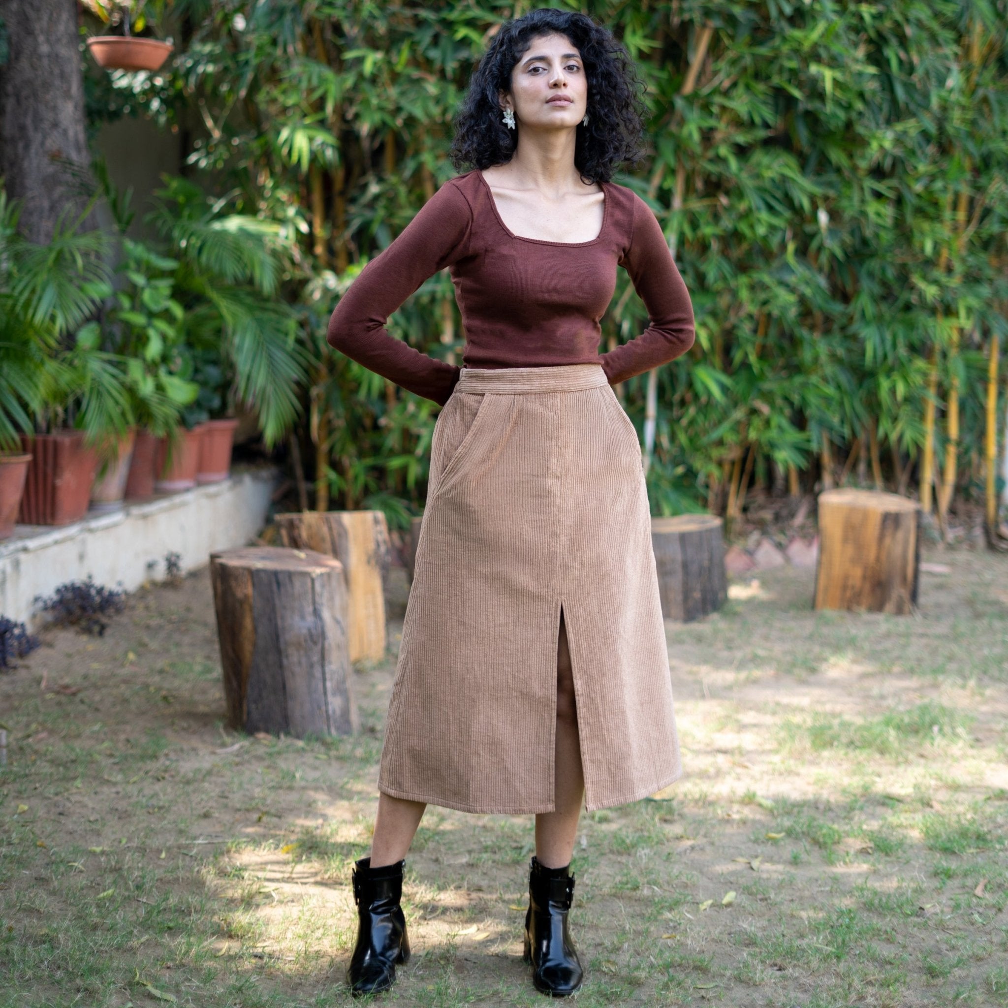 Beige Warm Cotton Corduroy High-Rise Midi Slit Skirt