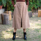Beige Warm Cotton Corduroy High-Rise Midi Slit Skirt