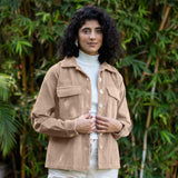 Beige Warm Cotton Corduroy Patch Pocket Button-Down Shacket