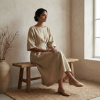 Beige Warm Cotton Flannel Boat Neck Maxi Dress with Kimono Sleeves