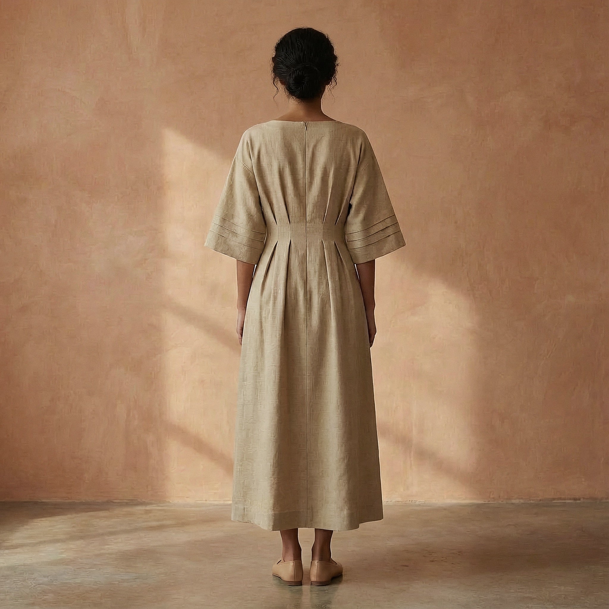 Beige Warm Cotton Flannel Boat Neck Maxi Dress with Kimono Sleeves