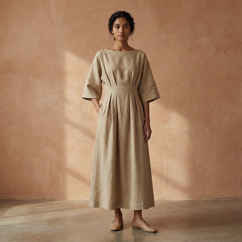 Beige Warm Cotton Flannel Boat Neck Maxi Dress with Kimono Sleeves