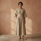 Beige Warm Cotton Flannel Boat Neck Maxi Dress with Kimono Sleeves