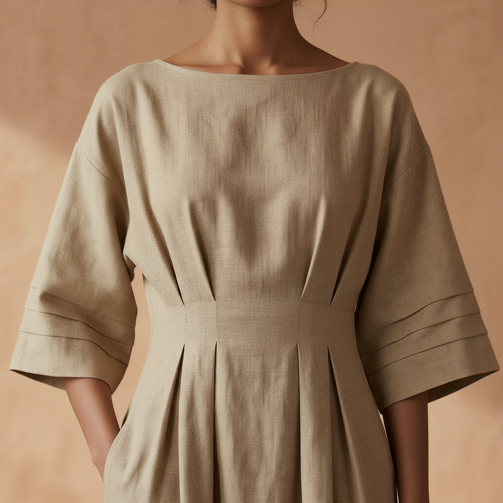Beige Warm Cotton Flannel Boat Neck Maxi Dress with Kimono Sleeves