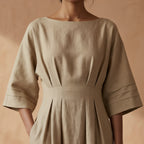 Beige Warm Cotton Flannel Boat Neck Maxi Dress with Kimono Sleeves