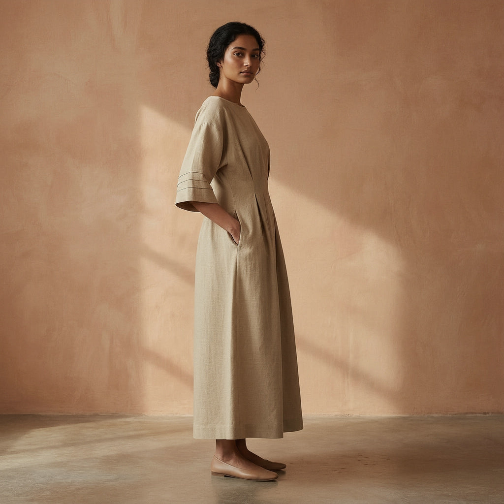 Beige Warm Cotton Flannel Boat Neck Maxi Dress with Kimono Sleeves