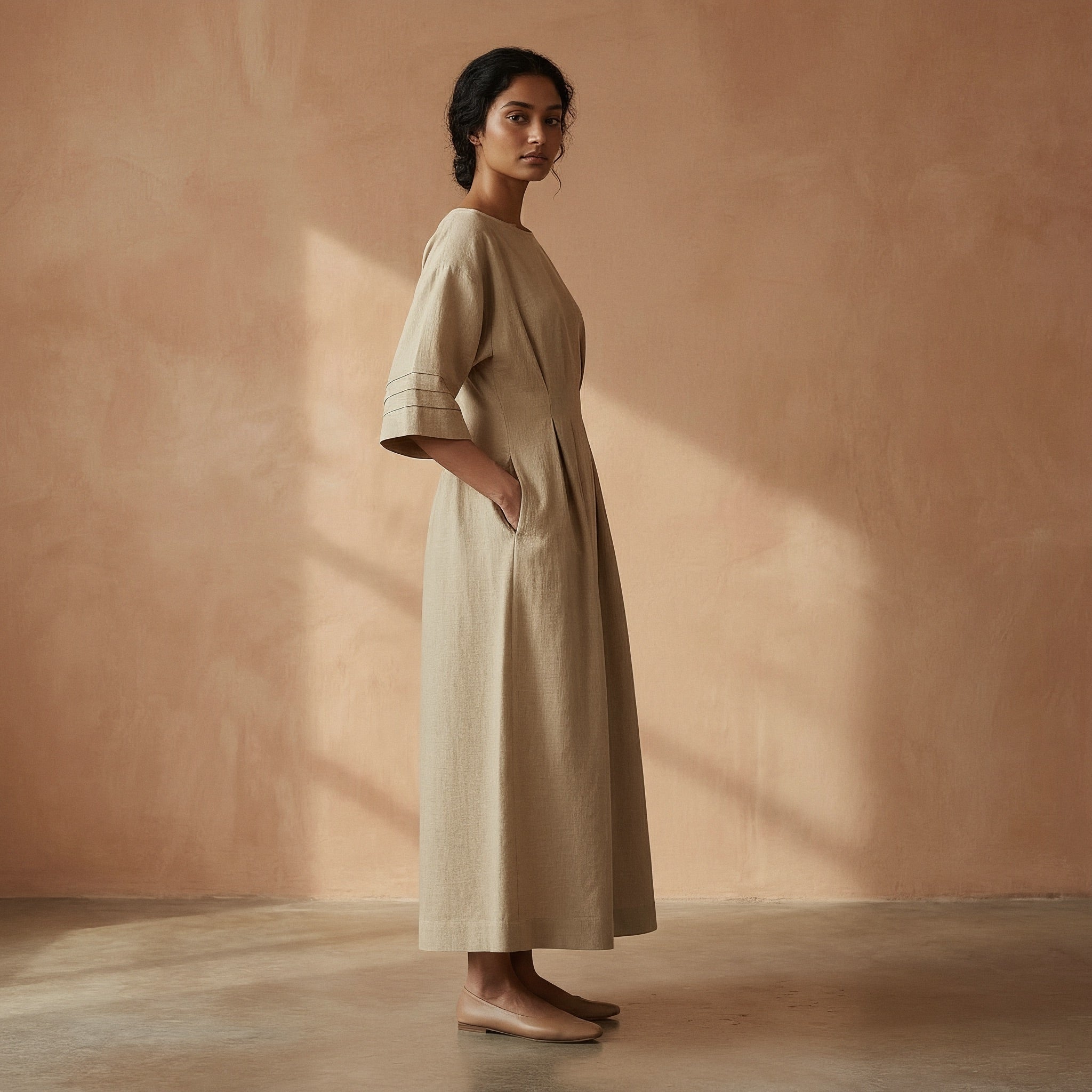 Beige Warm Cotton Flannel Boat Neck Maxi Dress with Kimono Sleeves
