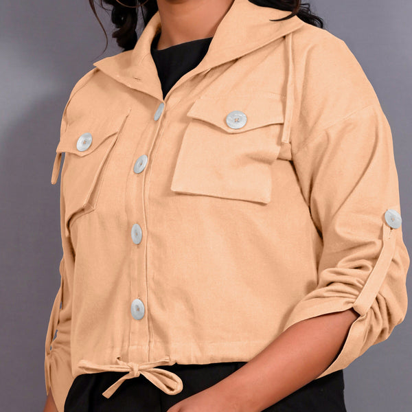 Beige Warm Cotton Flannel Button-Down Shacket