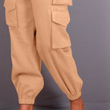 Beige Warm Cotton Flannel Elasticated Cargo Jogger Pant