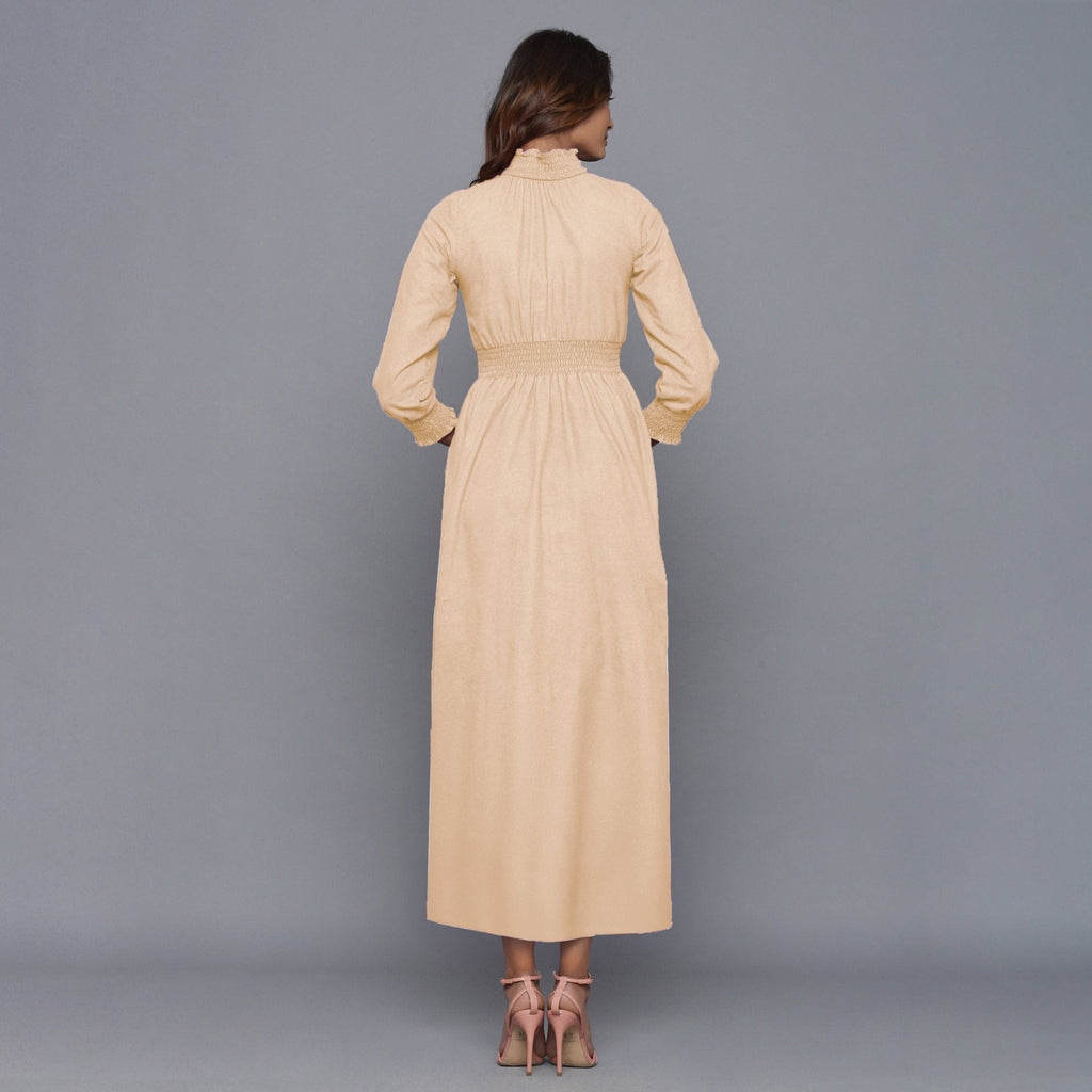 Beige Warm Cotton Flannel High Neck Maxi Dress
