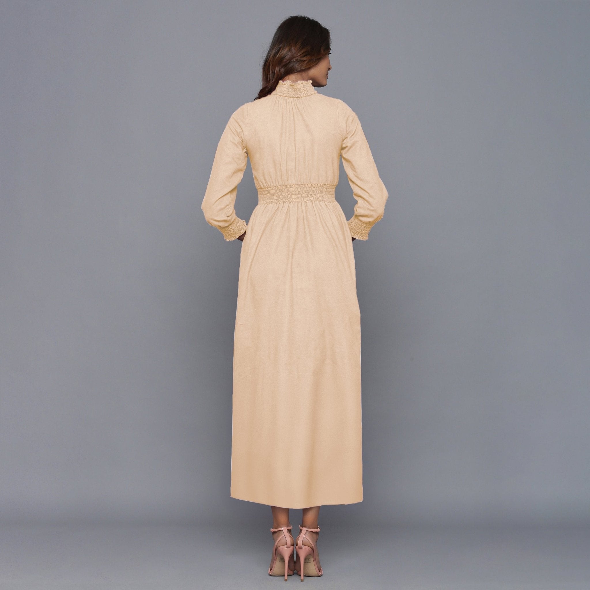 Beige Warm Cotton Flannel High Neck Maxi Dress