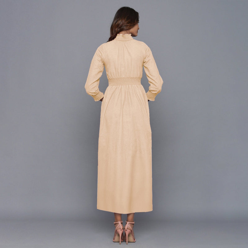 Beige Warm Cotton Flannel High Neck Maxi Dress