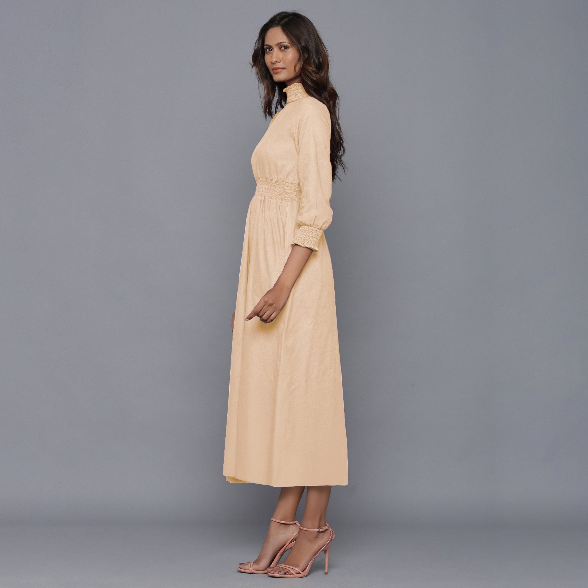 Beige Warm Cotton Flannel High Neck Maxi Dress