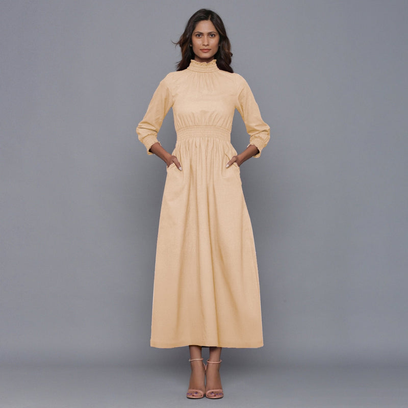 Beige Warm Cotton Flannel High Neck Maxi Dress