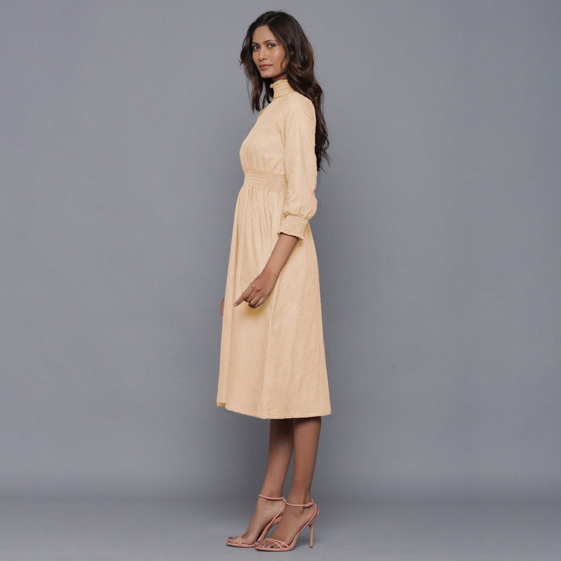 Beige Warm Cotton Flannel High Neck Midi Dress