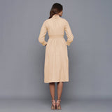 Beige Warm Cotton Flannel High Neck Midi Dress