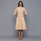 Beige Warm Cotton Flannel High Neck Midi Dress
