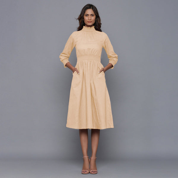 Beige Warm Cotton Flannel High Neck Midi Dress