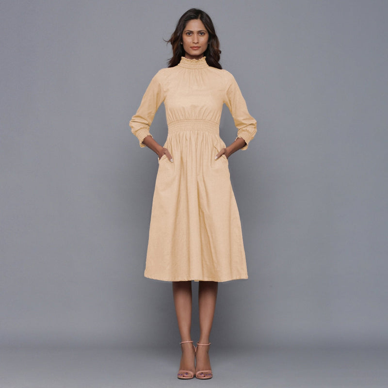 Beige Warm Cotton Flannel High Neck Midi Dress