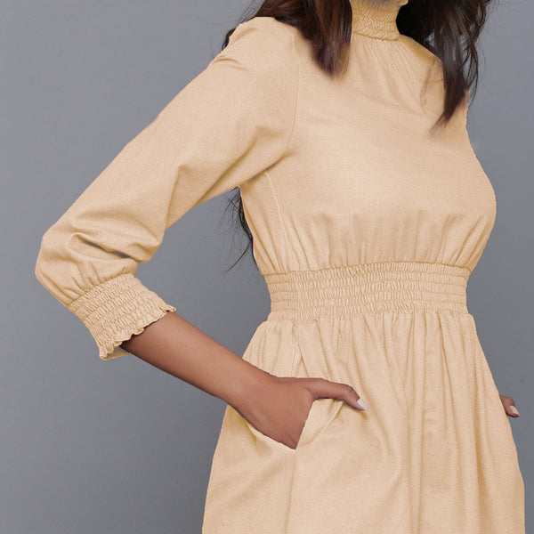 Beige Warm Cotton Flannel High Neck Midi Dress