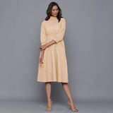 Beige Warm Cotton Flannel High Neck Midi Dress