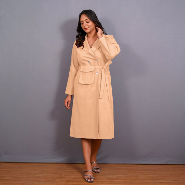 Beige Warm Cotton Flannel Midi Blazer Dress