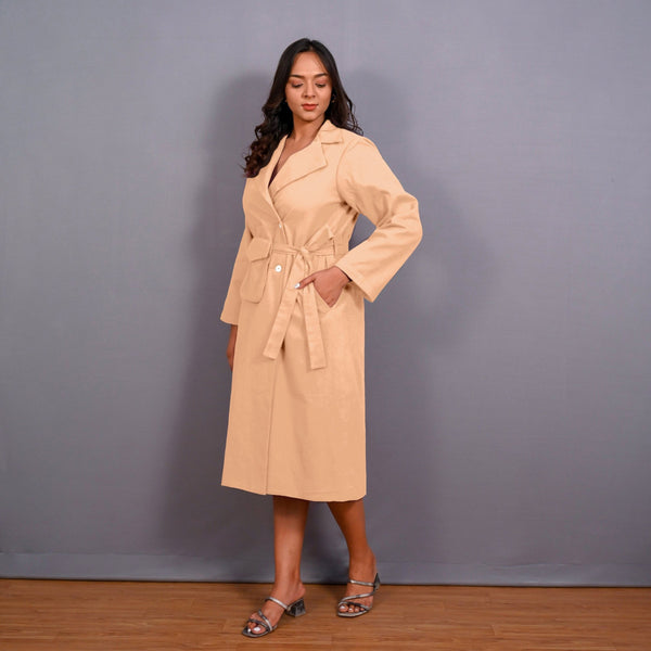 Beige Warm Cotton Flannel Midi Blazer Dress