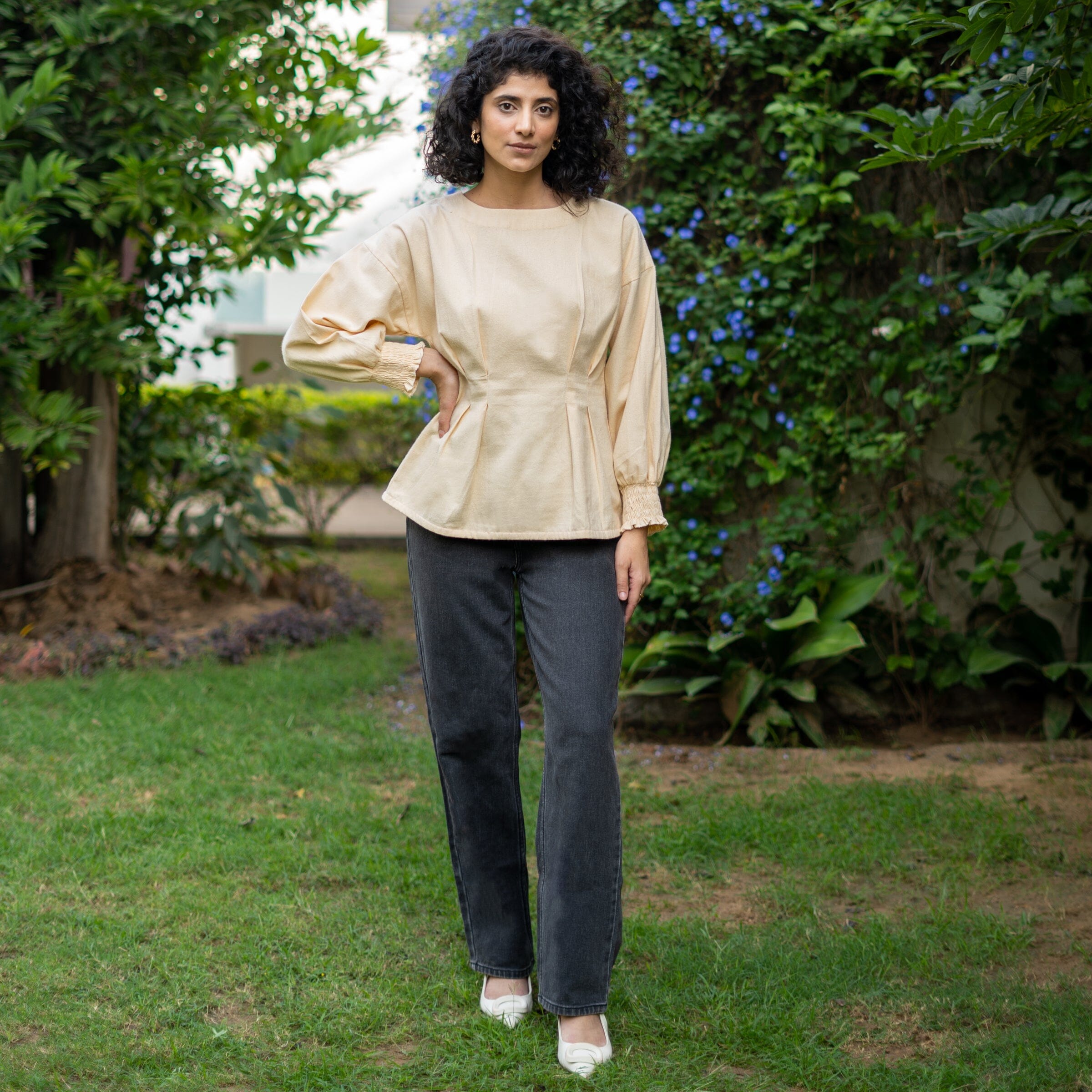 Beige Warm Cotton Flannel Pleated Drop Shoulder Full Sleeve Top