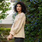 Beige Warm Cotton Flannel Pleated Drop Shoulder Full Sleeve Top