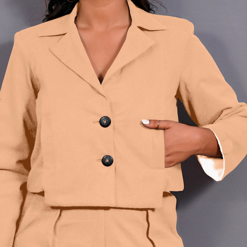 Beige Warm Cotton Flannel Single-Breasted Crop Blazer